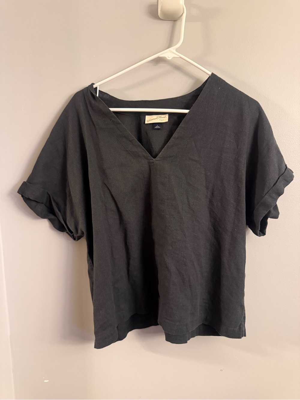 Universal Thread Black Linen Blend V-Neck Blouse Short Sleeve Size Large